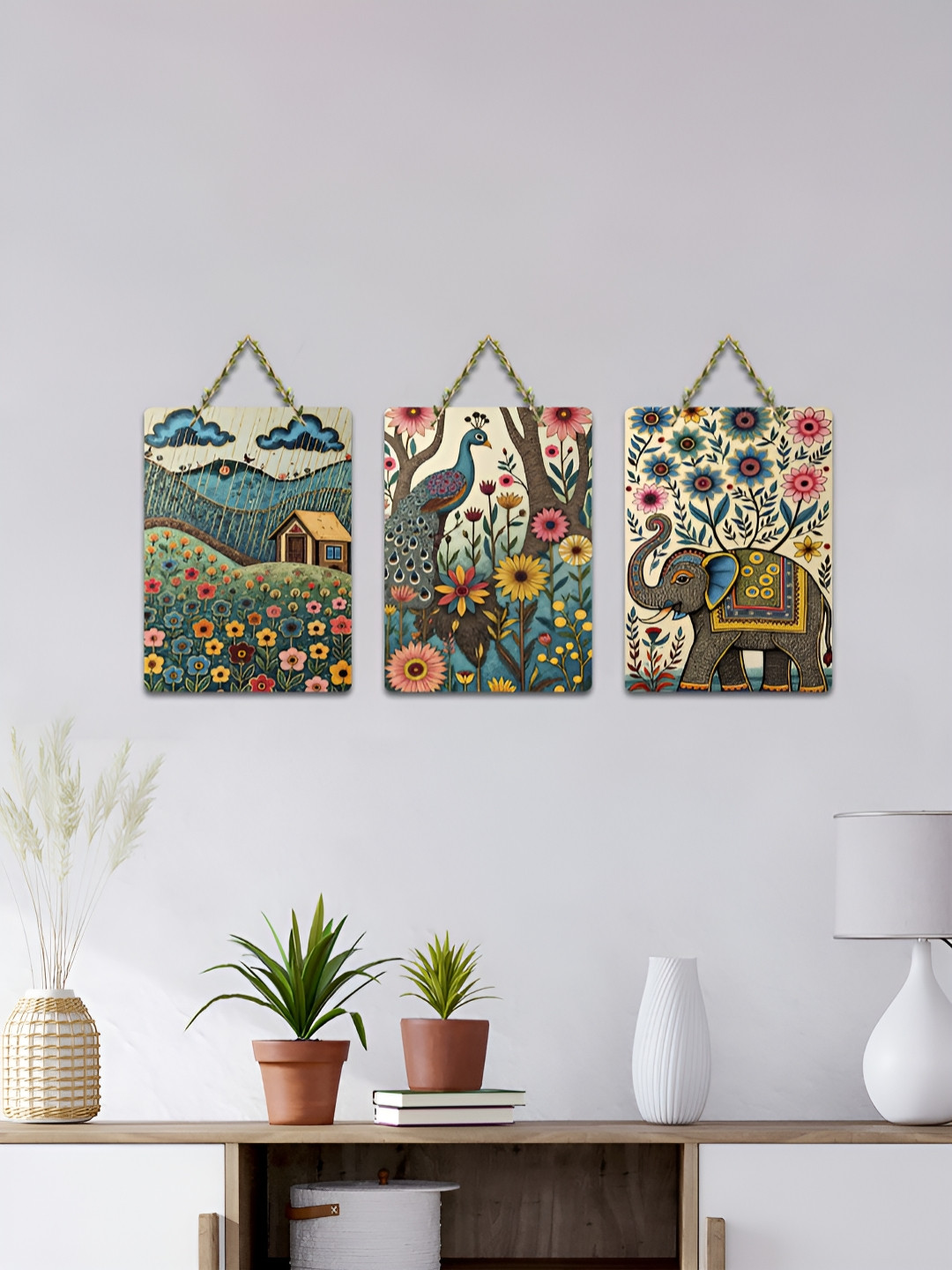 ArtVibes 3-Pcs Green & Beige Whimsical Wilderness Printed Wooden Wall Hanging Decor