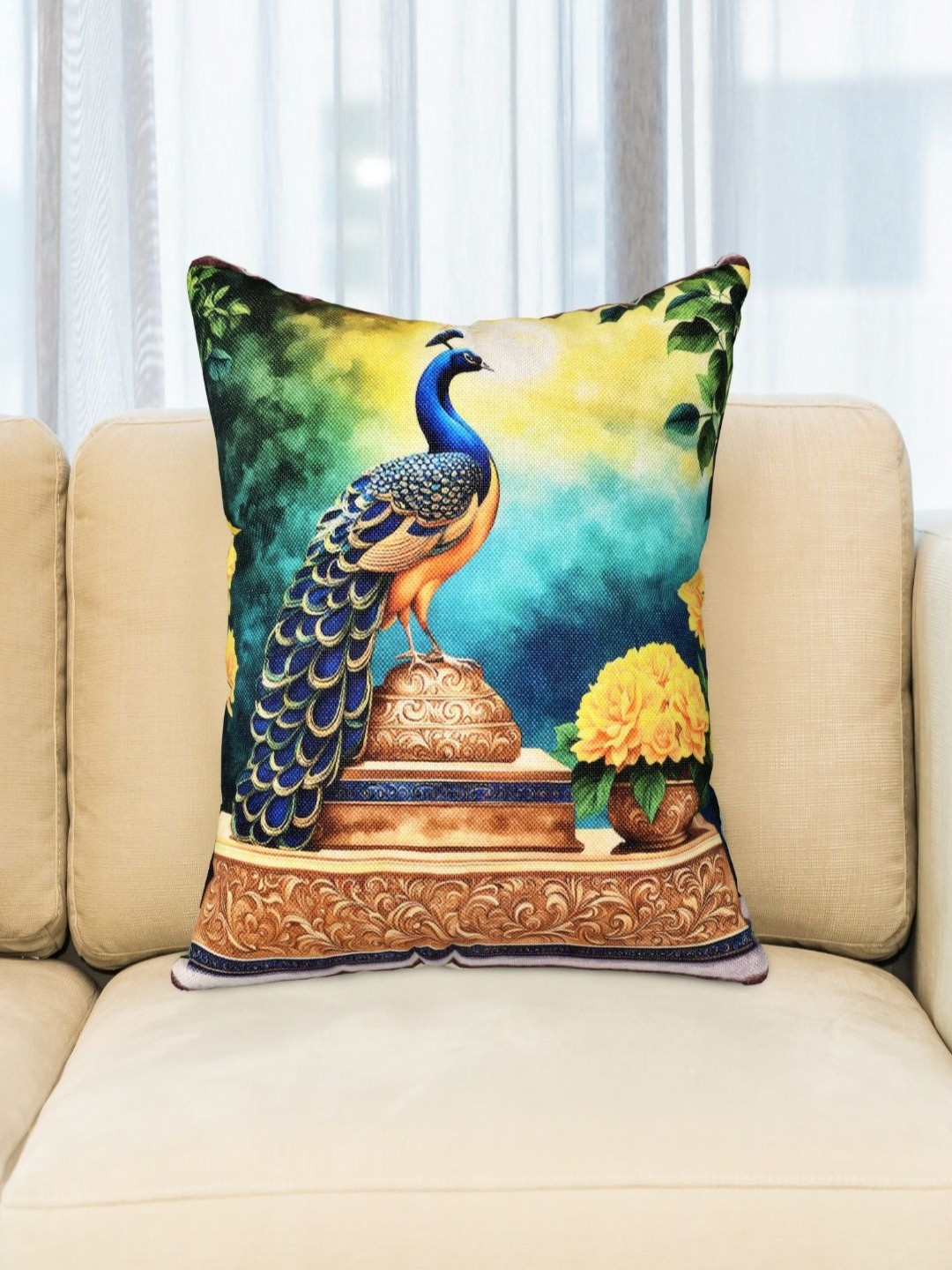 JAIPUR FABRIC Yellow & Green Peacock Digital Printed Jute Cotton Square Cushion Cover