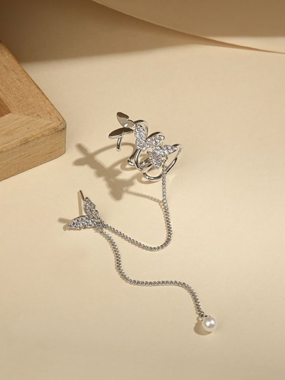 Cierra Silver-Plated Zircon Studded Butterfly Shaped Drop Earrings with Ear Cuff