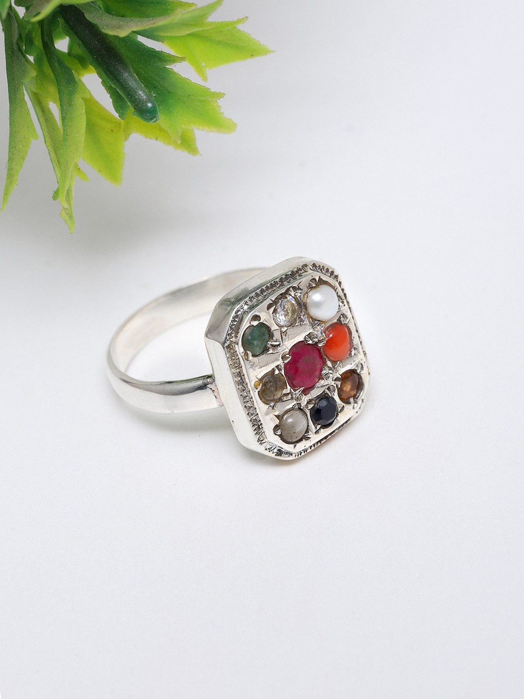 Exotic India Unisex Sterling Silver Cushion Shape Navaratna Ring