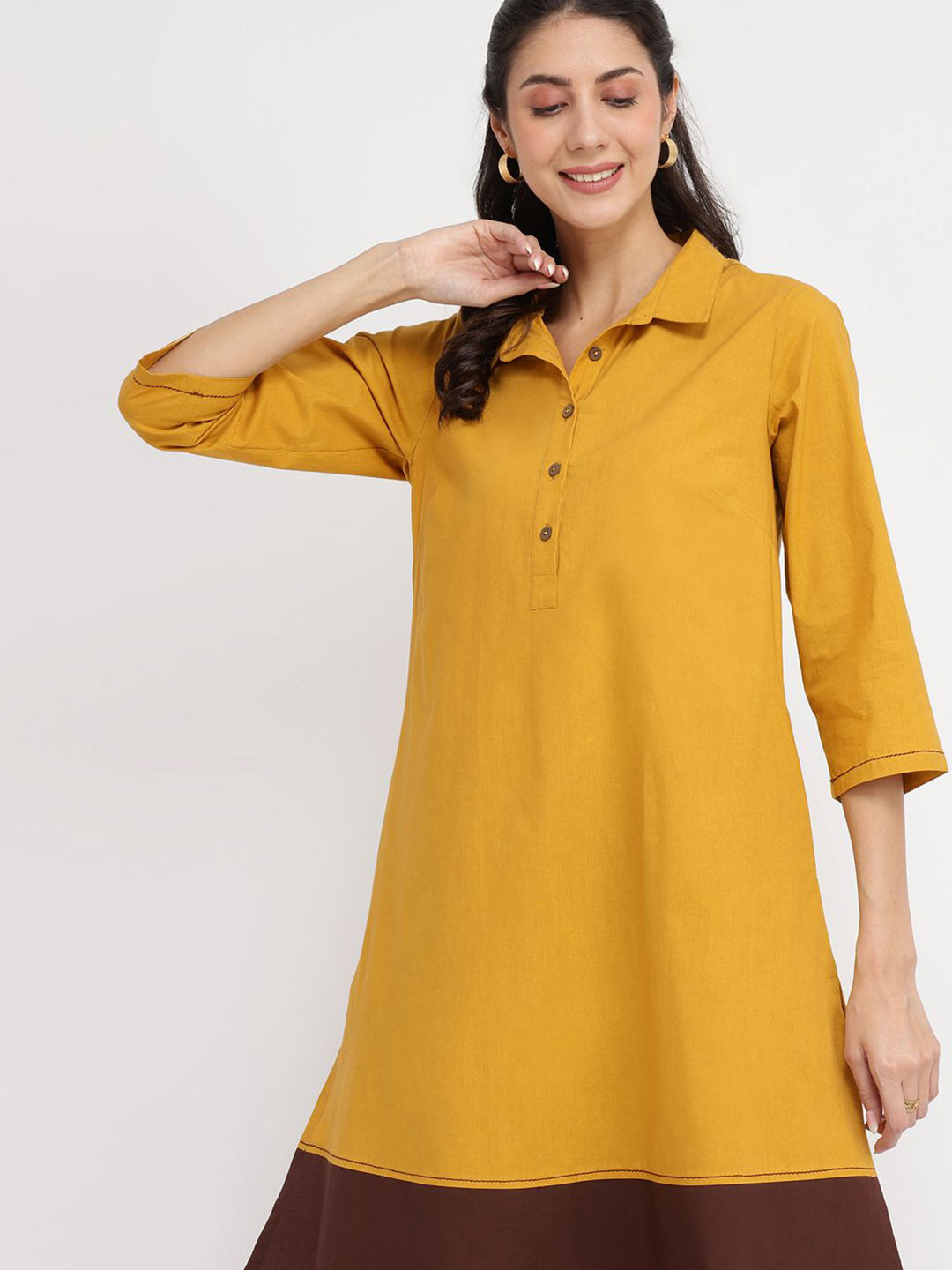 Pink Fort Women Mustard & Brown Cotton Colourblock A-Line Kurta Set