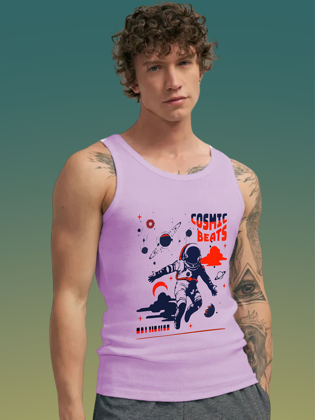 Uniplanet store Printed Scoop Neck Gym Vest UVM-COSMIC-BEATS-PRPL-S