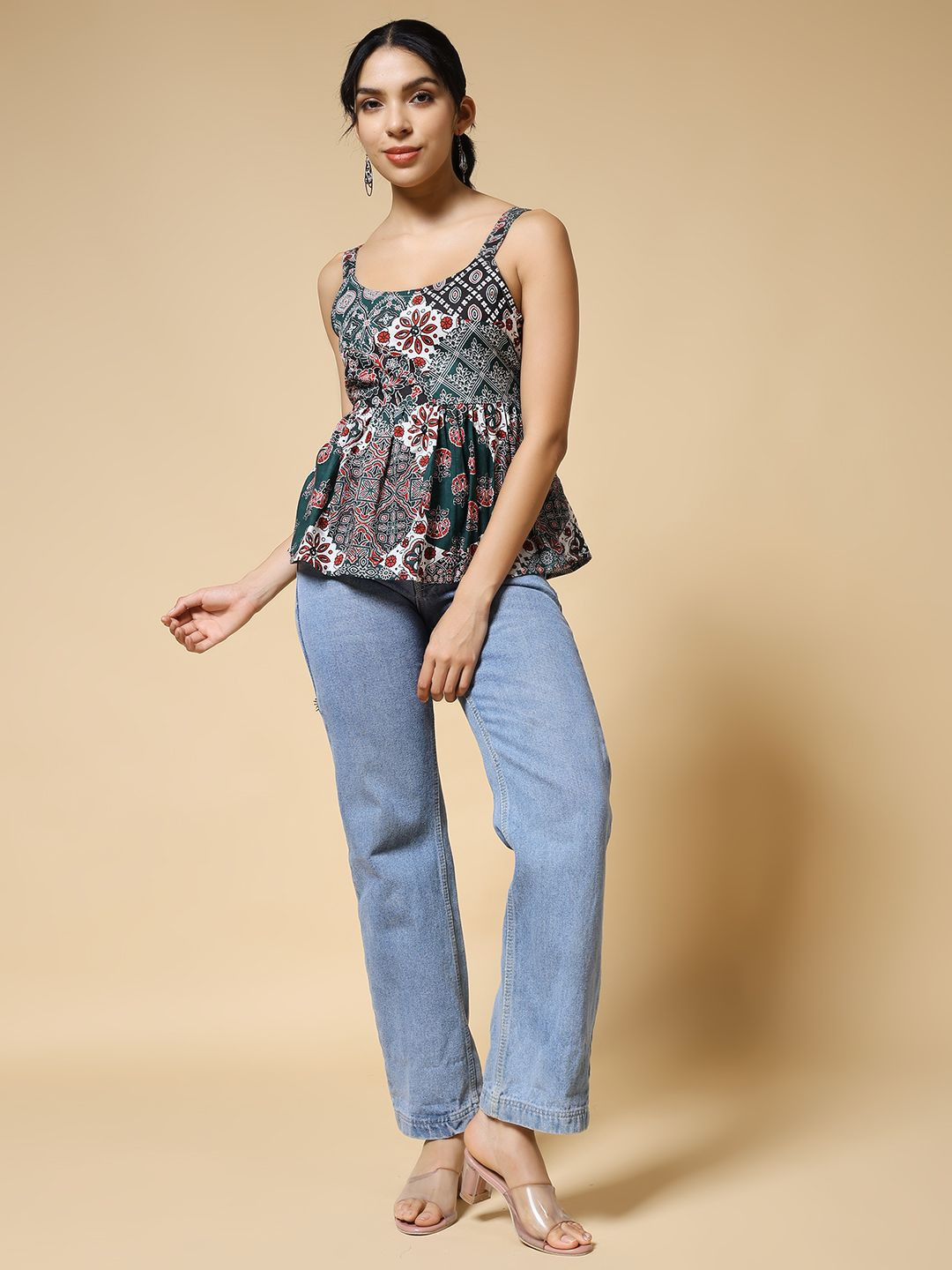 Istyle Can Women Ethnic Motifs Scoop Neck Sleeveless Peplum Top