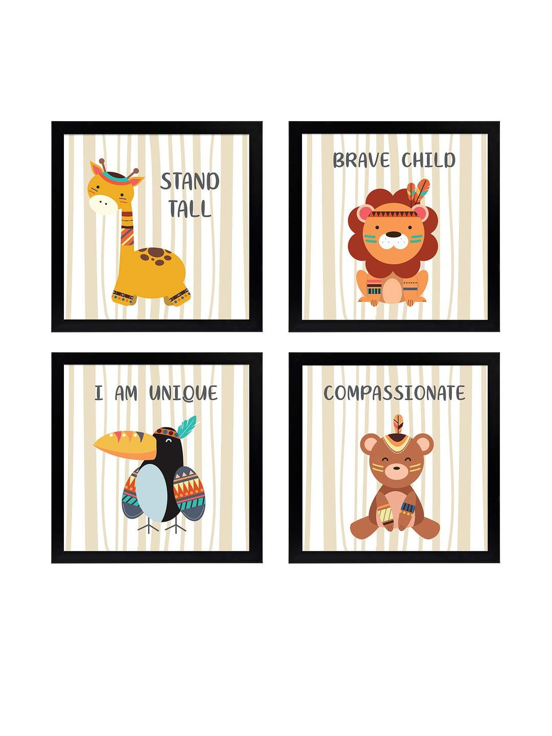 Chaka Chaundh Multicoloured Set of 4 Piece Synthetic Wood Birds and Animals Wall Paintings