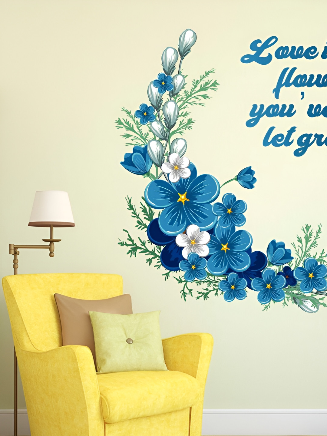 LANSTICK Blue Flower With Quotes Self-Adhesive Wall Sticker