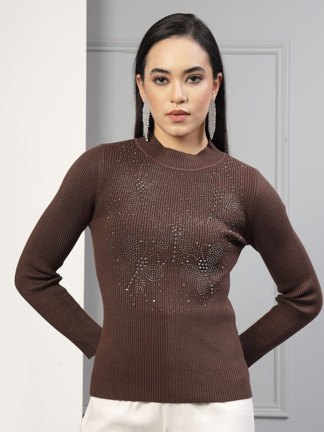 Mafadeny Women Ribbed Sweater with Embellished Floral Design