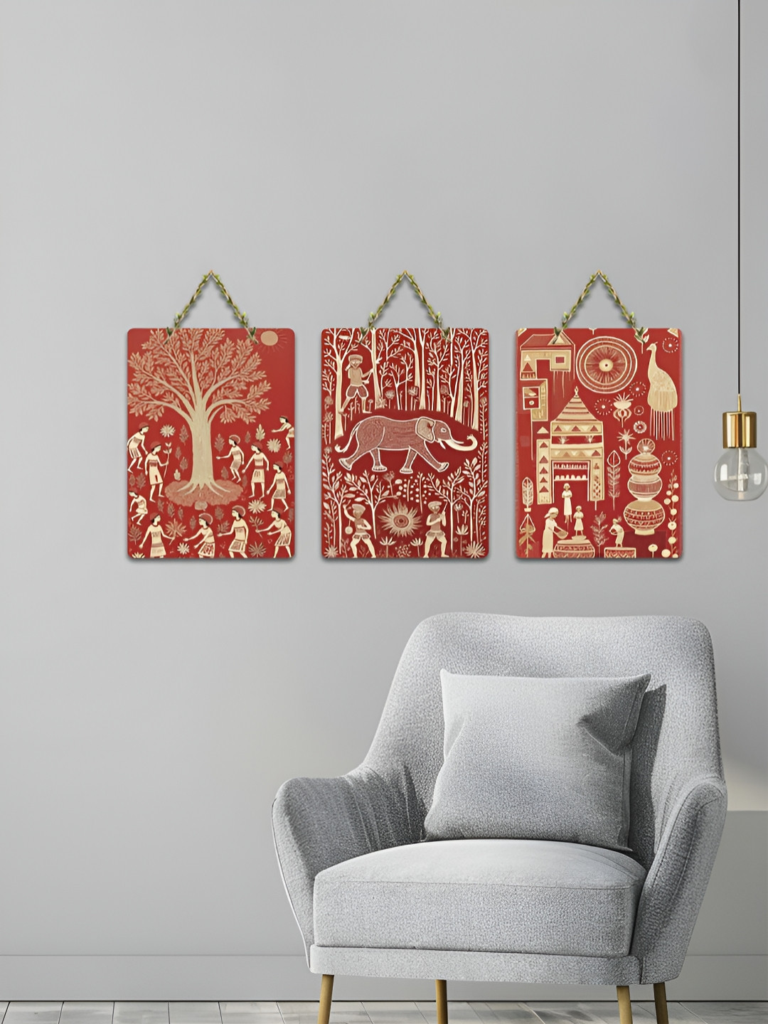 ArtVibes Red & Beige Tribal Tales Printed Wooden Hanging Wall Arts