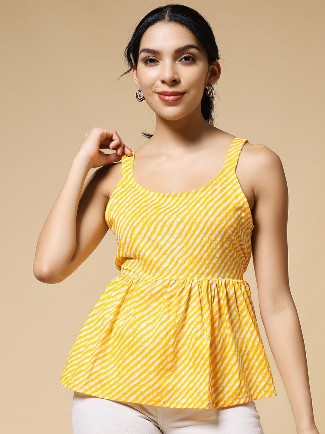 Yellow Leheriya Print Scoop Neck Sleeveless Peplum Top