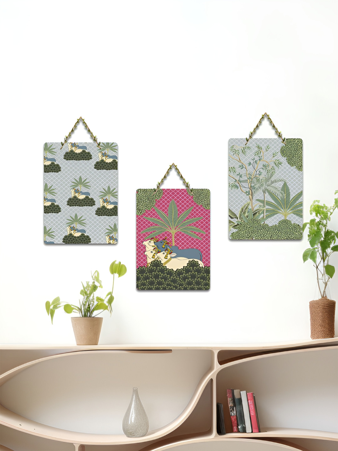 ArtVibes Green & Pink 3 Pieces Tropical Whimsy Printed Wooden Hanging Wall Arts