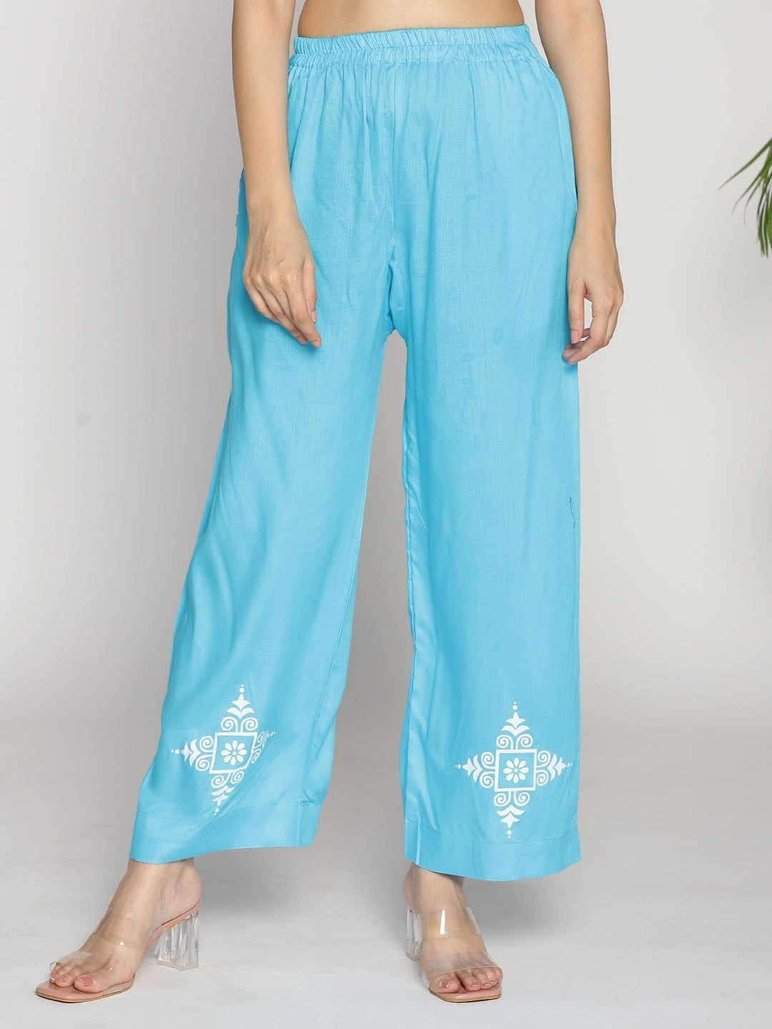 LetsDressUp Women Turquoise Printed Wide Leg Palazzos Pants - XS