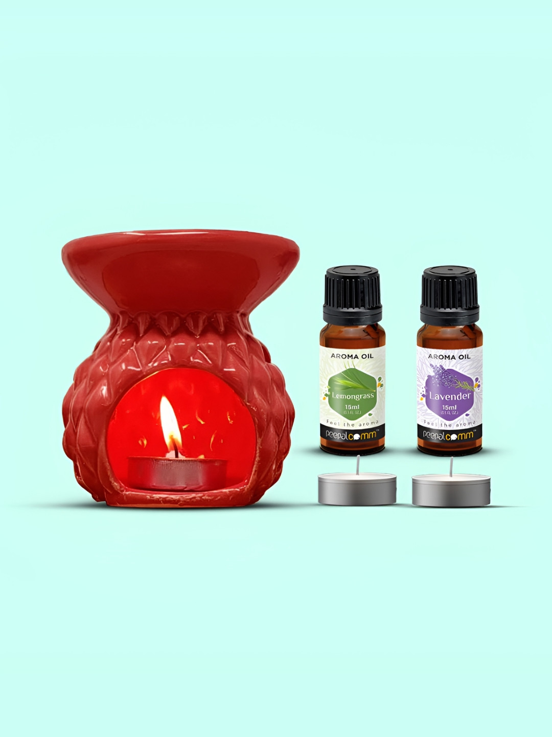 PEEPALCOMM 5Pcs Red Textured Ceramic T-light Aroma Diffuser With Oils - 15 ml Each