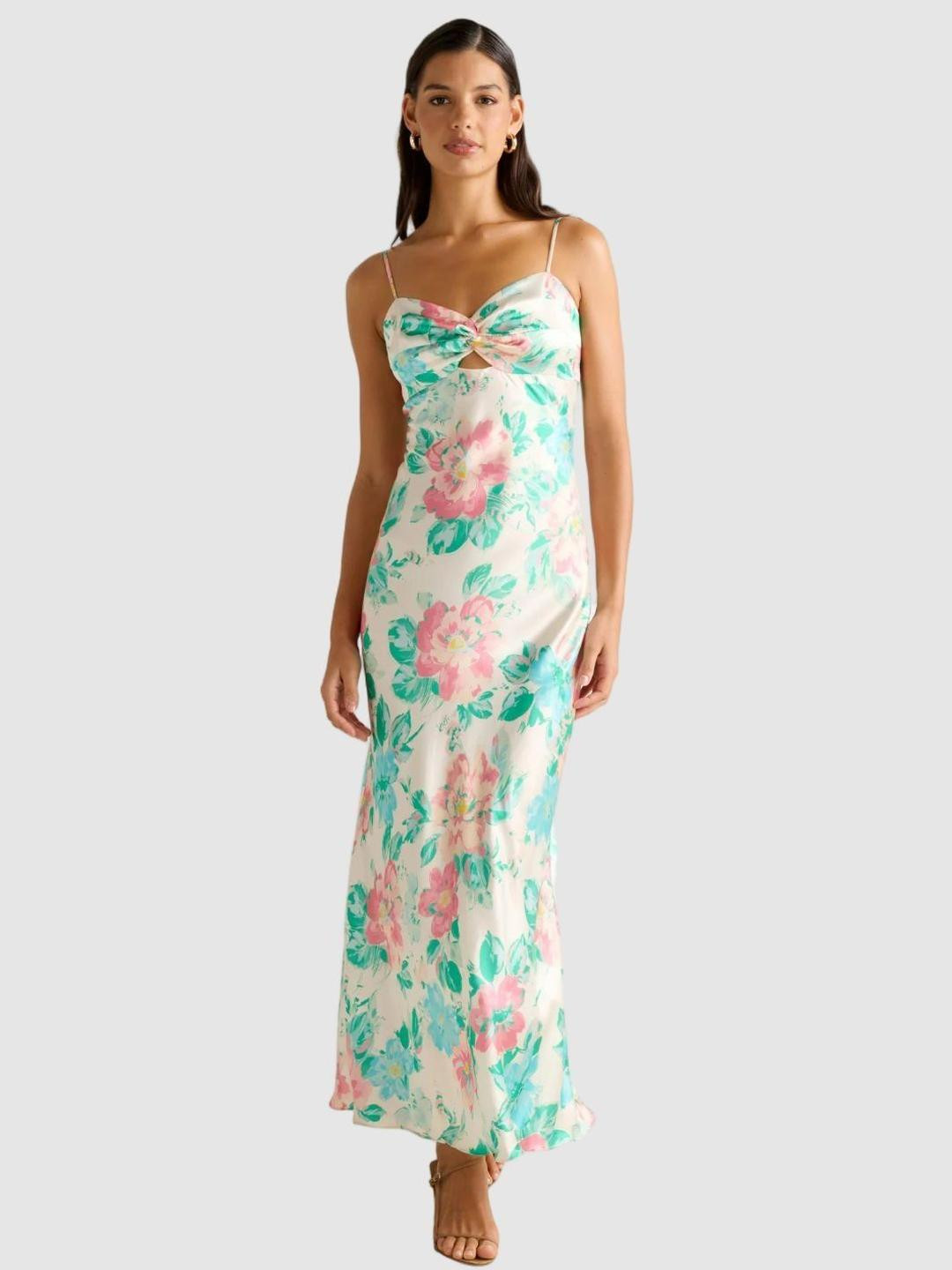 Forever New Floral Print Satin Sheath Maxi Dress