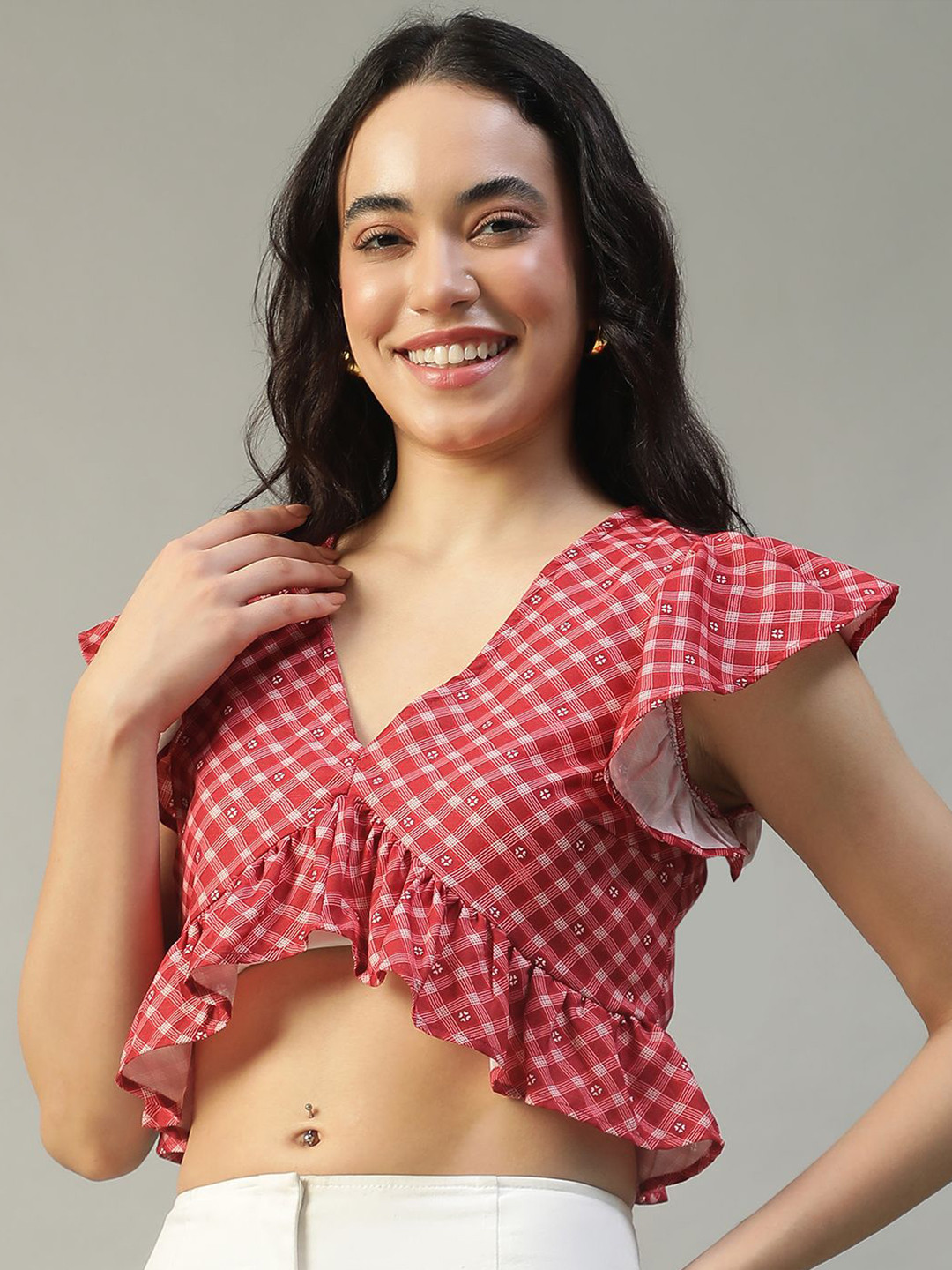 Oxolloxo Women Checked V-Neck Ruffles Short Sleeves Crop Top