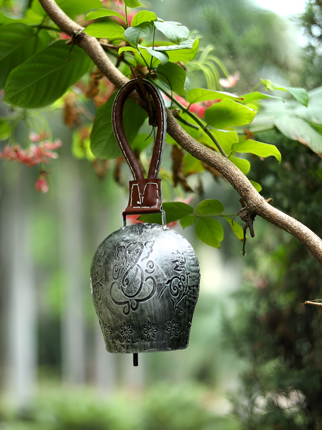 DULI Grey & Brown Textured Embossed Ganesha Design Metal Cowbell Windchime