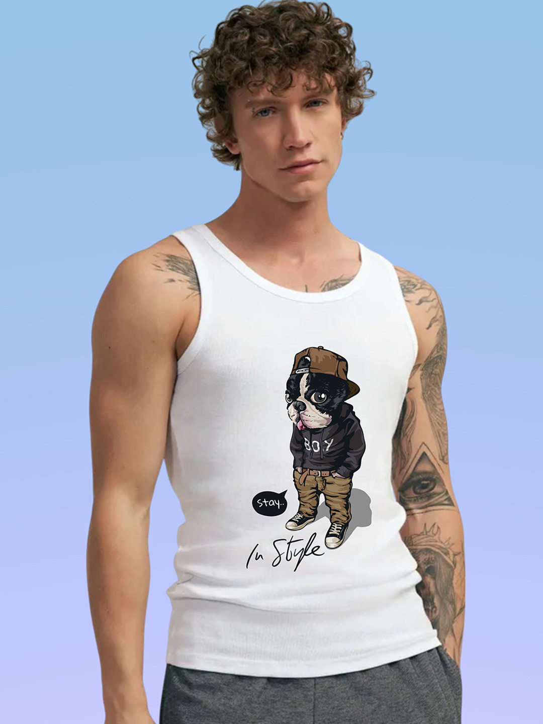 Uniplanet store Printed Scoop Neck Gym Vest UVM-STAYINSTYLE-WHT-S