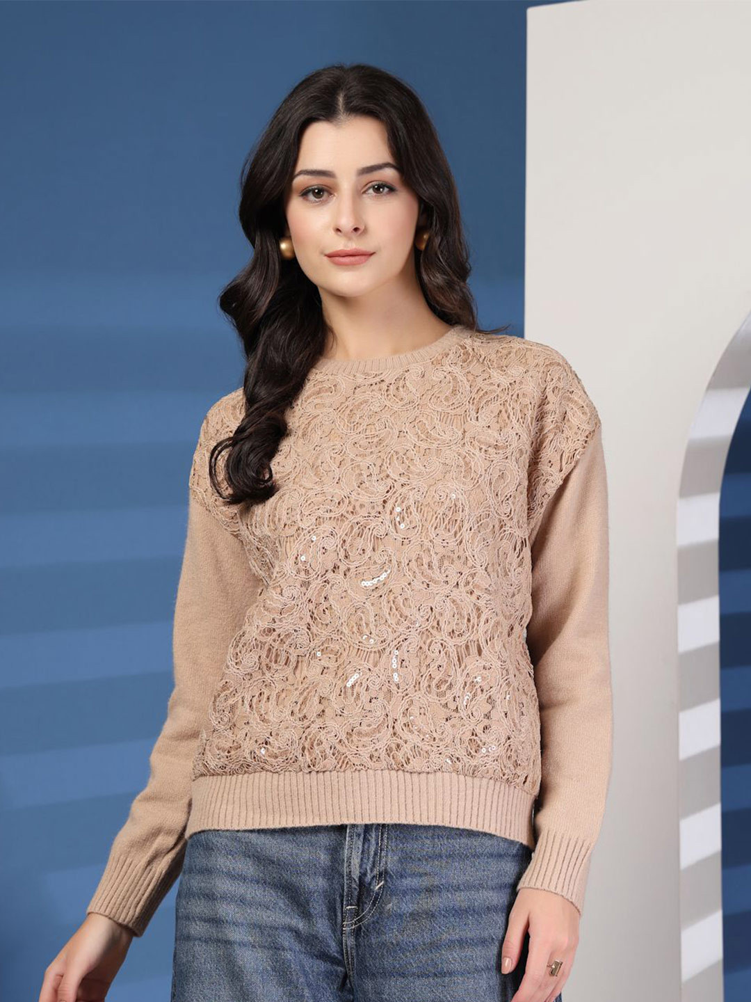 Mafadeny Women's Embroidered Lace Front Crew Neck Sweater