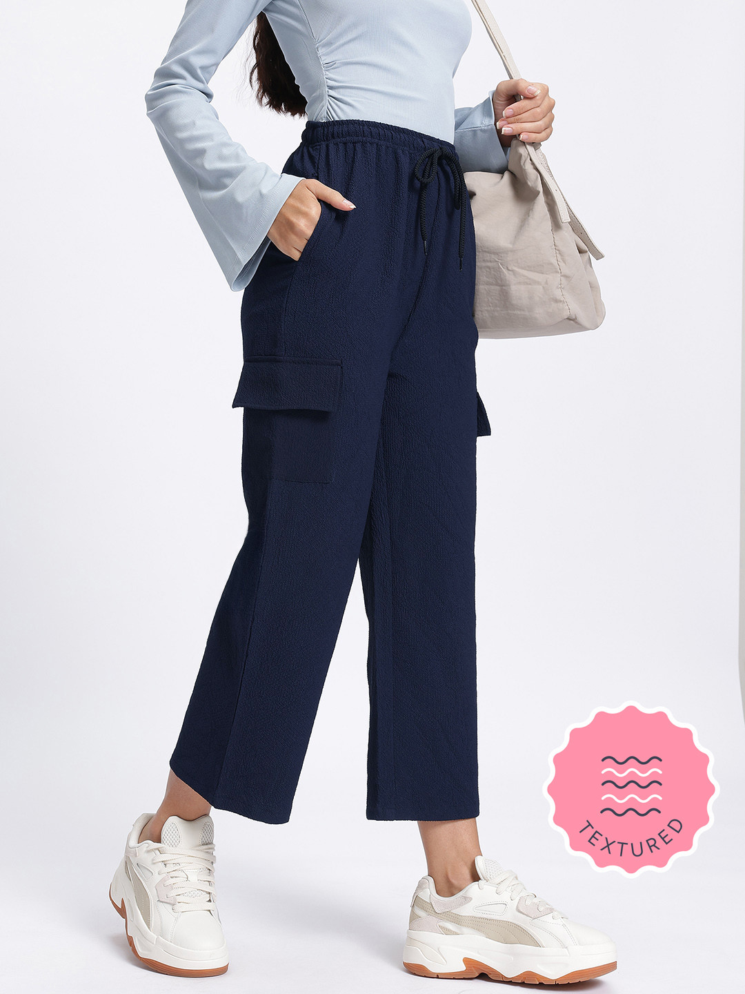 glitchez Women Navy Textured Cargo-Style Cropped Trouser