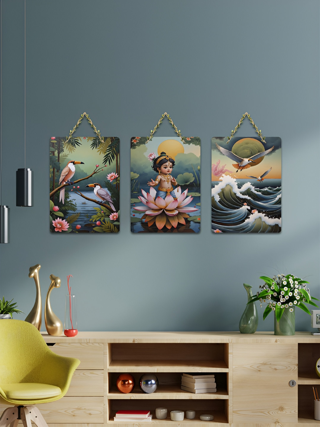 ArtVibes Blue 3 Pieces Lotus Serenity Nature and Divinity Printed Wooden Hanging Wall Arts