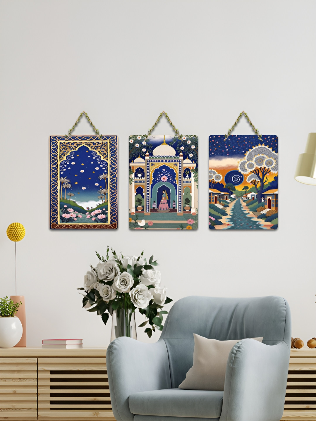 ArtVibes Blue & Beige 3 Pieces Printed Wooden Wall Hanging Decors