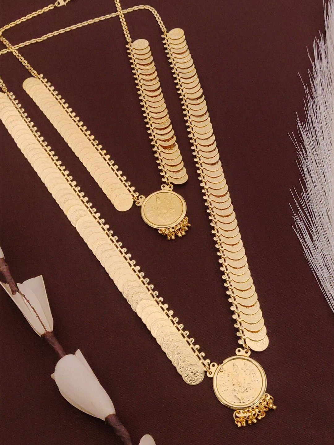 SOLIBELLE Set Of 2 Gold-Plated Traditional Laxmi Temple Necklaces