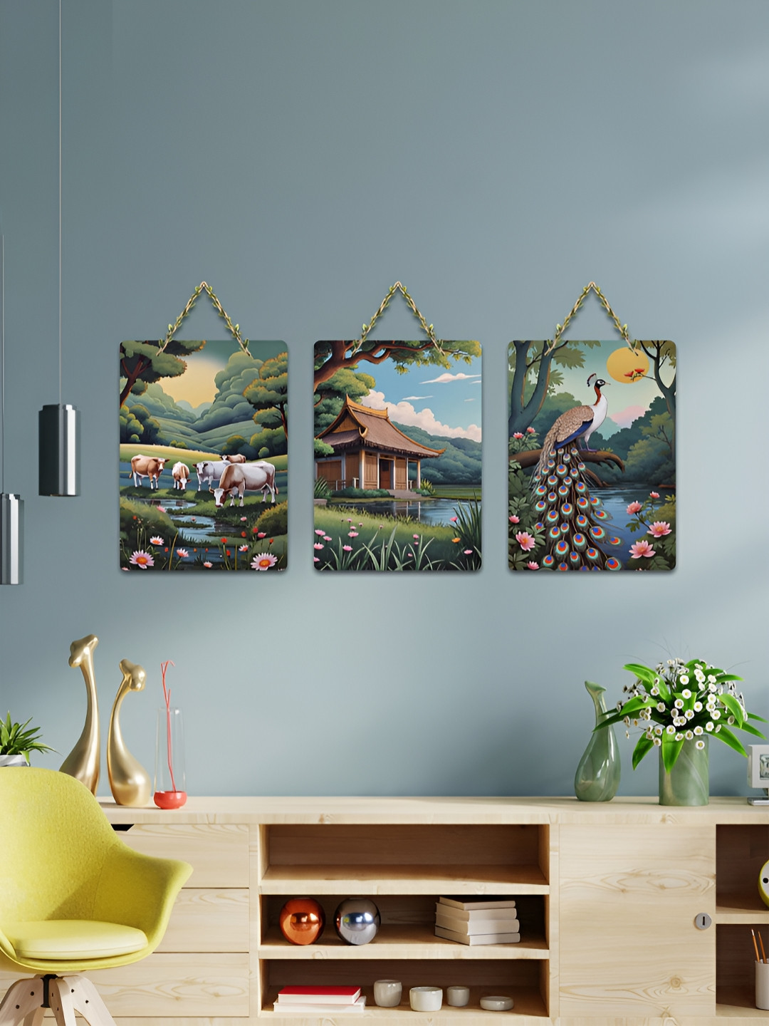 ArtVibes Green & Blue 3 Pieces Tales of Nature Printed Wooden Wall Hanging Decors