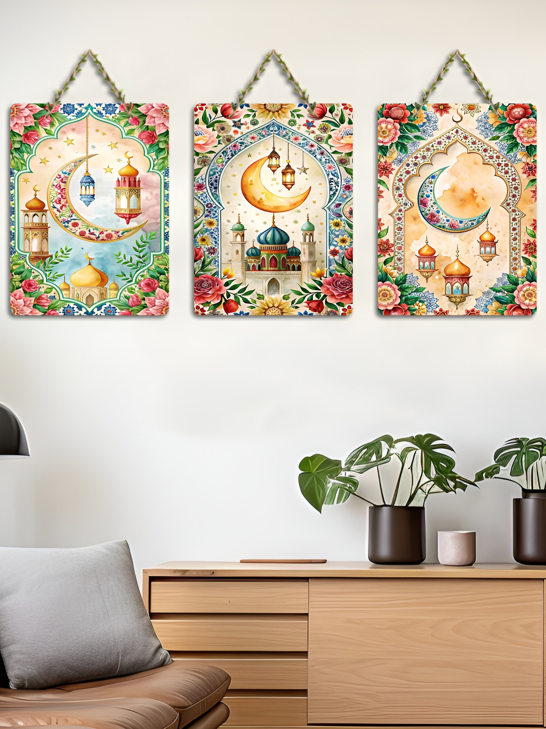 ArtVibes Blue & Beige 3 Pieces Printed Wooden Wall Hanging Decors