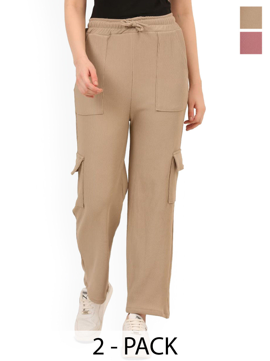 BAESD Girls Pack Of 2 Solid Mid-Rise Cargos Trousers