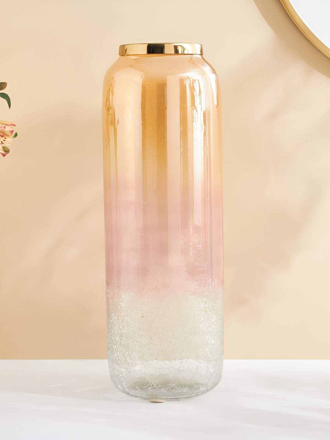 Home Centre Tamaira Crepe Brown & Pink Glass Crackle Flower Vase With Metal Rim