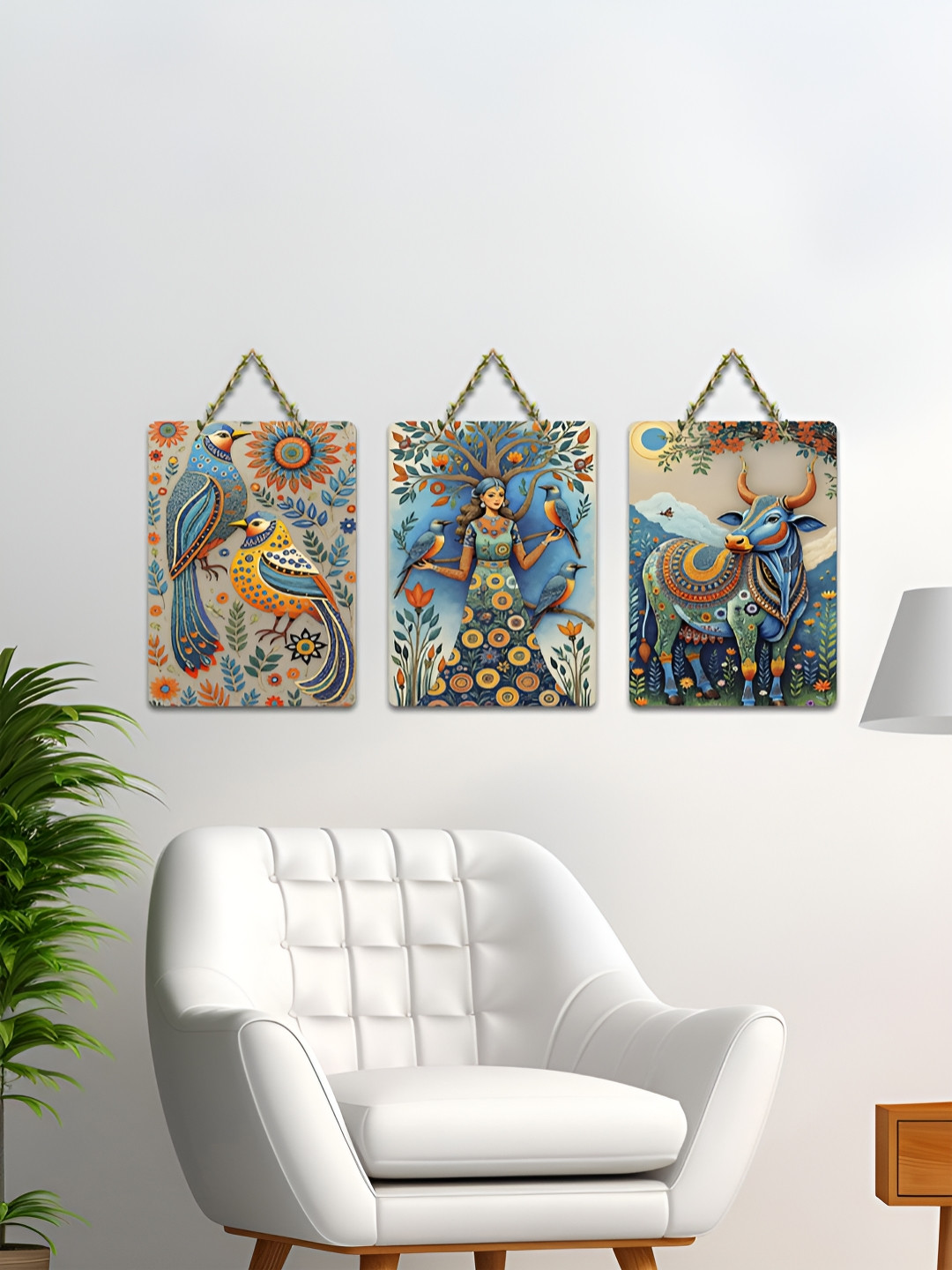 ArtVibes Blue & Green 3 Pieces Birds Beauty & The Bull Printed Wooden Hanging Wall Arts