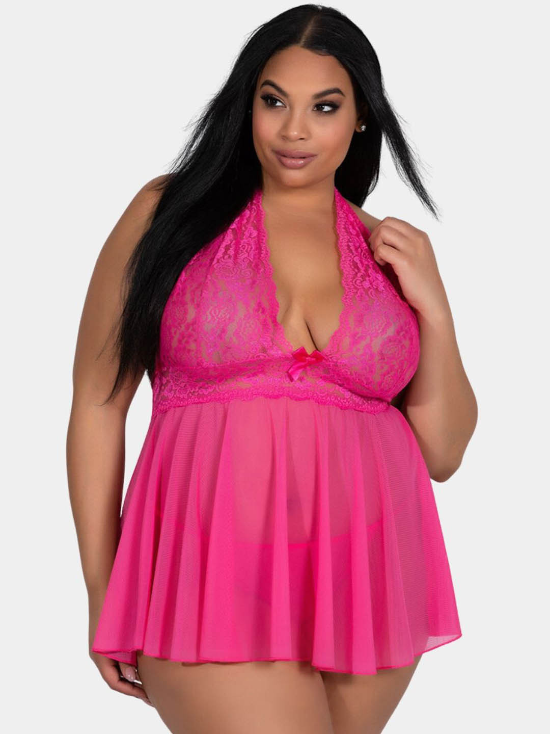 LoveAasan Lace Halter Neck Plus Size Baby Doll with Briefs