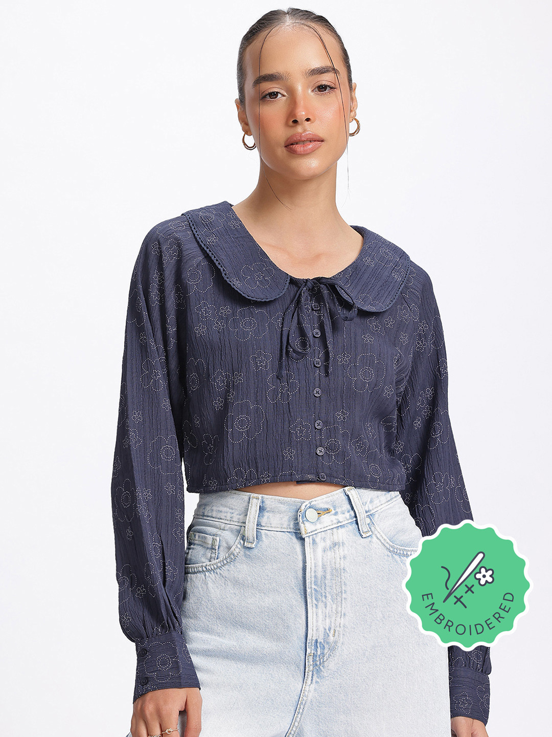 glitchez Embroidered Keyboard Collar Shirt-Style Top