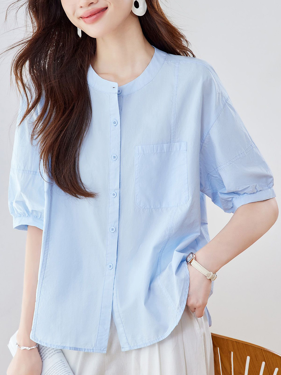 StyleCast Women Blue Mandarin Collar Shirt Top