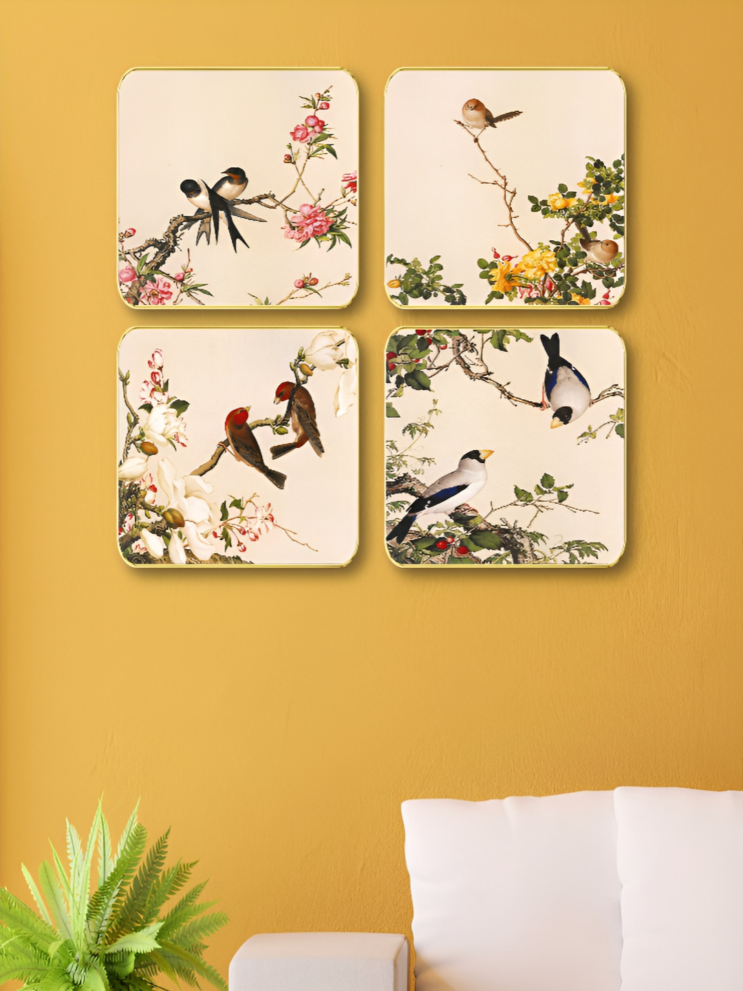 Livin'luxe White & Green 4 Pieces Traditional Birds & Flowers Wall Arts
