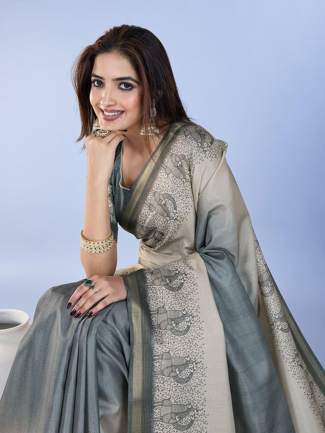 Anjor Floral Zari Silk Blend Designer Tussar Saree