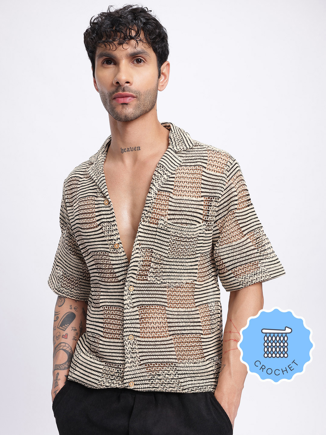 glitchez Crochet Sheer Stripes Relaxed Shirt