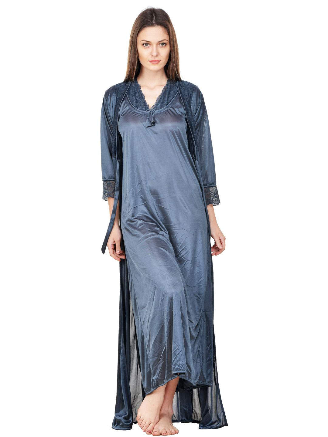 PHALIN Solid Satin Nighty and Robe Set - Grey (Size - Free )