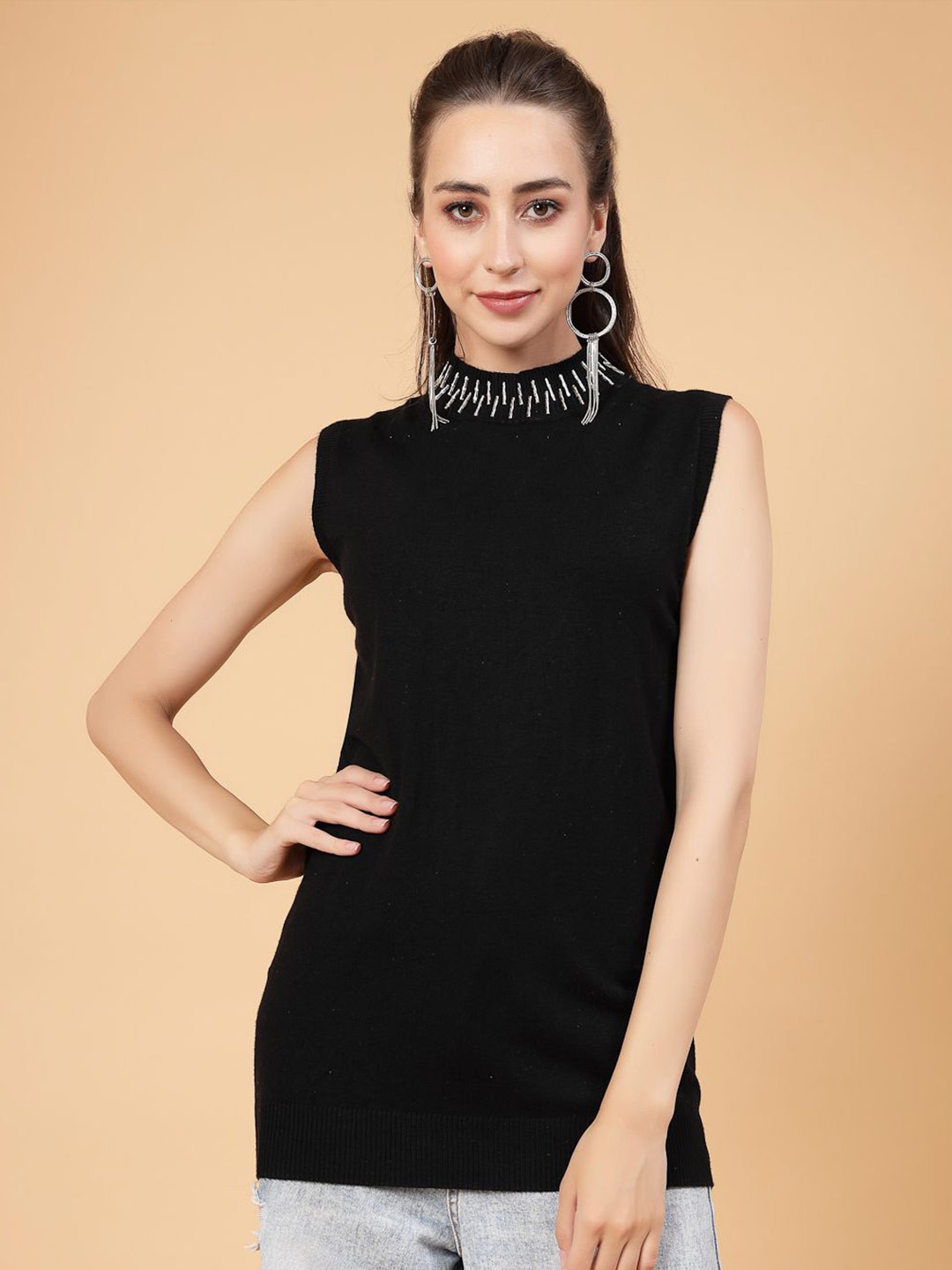 Mafadeny Sleeveless Ribbed Top with High Neck