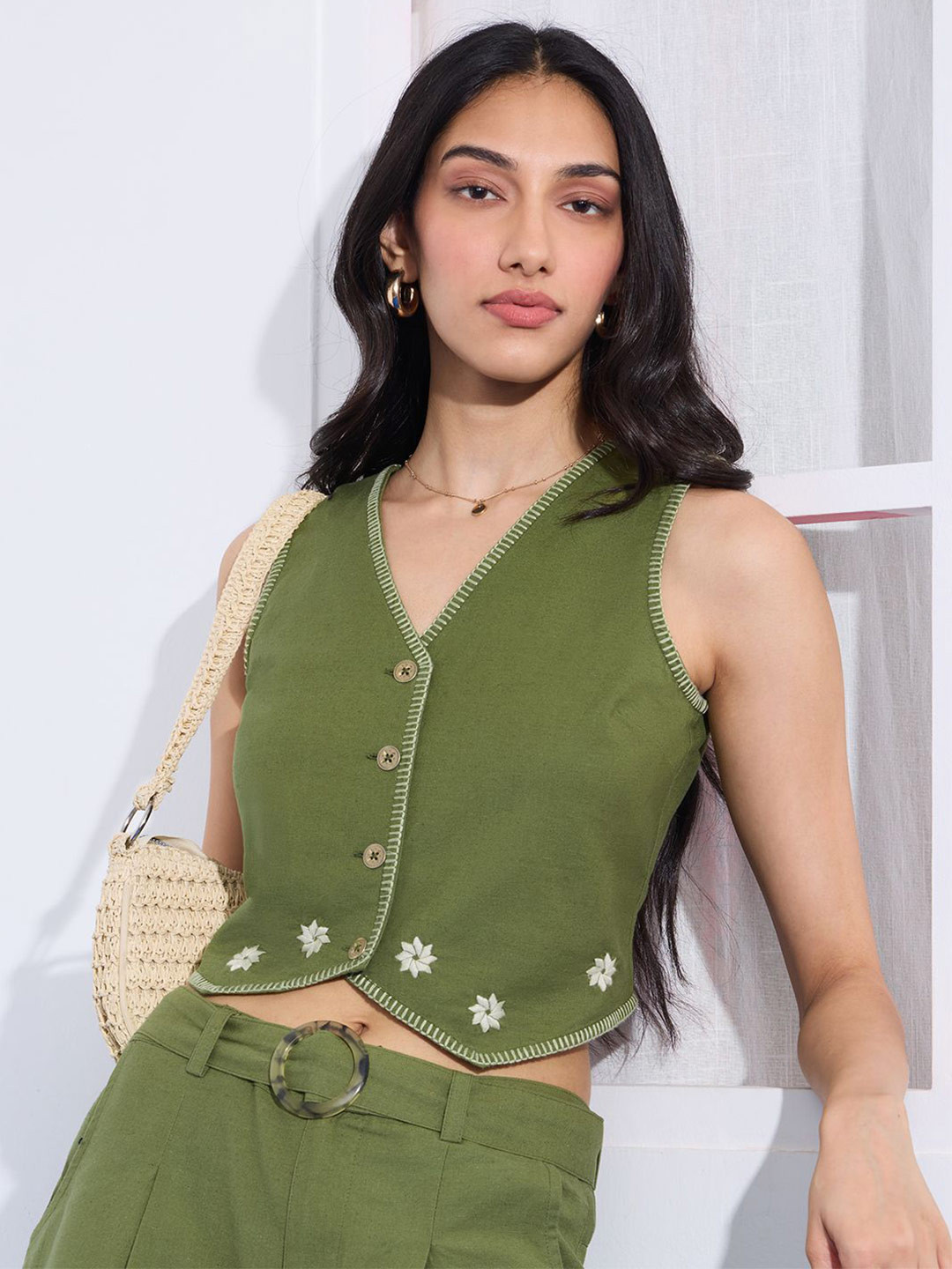 The Souled Store Women Foliage Cotton Linen Vest Top