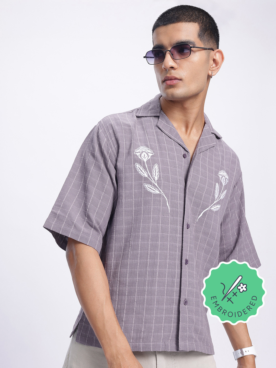 glitchez Texture Checked Embroidered Relaxed Fit Shirt