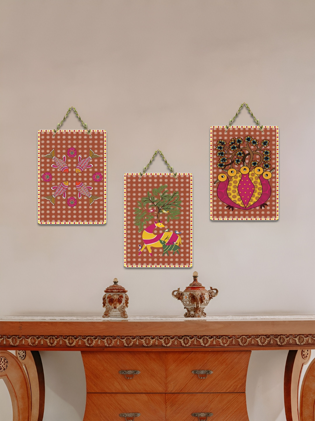 ArtVibes 3-Pcs Yellow & Pink Tribal Tales on Terracotta Printed Wooden Wall Hanging Decor
