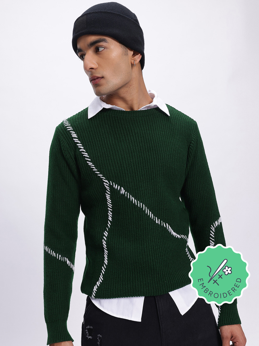 glitchez Embroidered Detail Relaxed Fit Acrylic Pullover