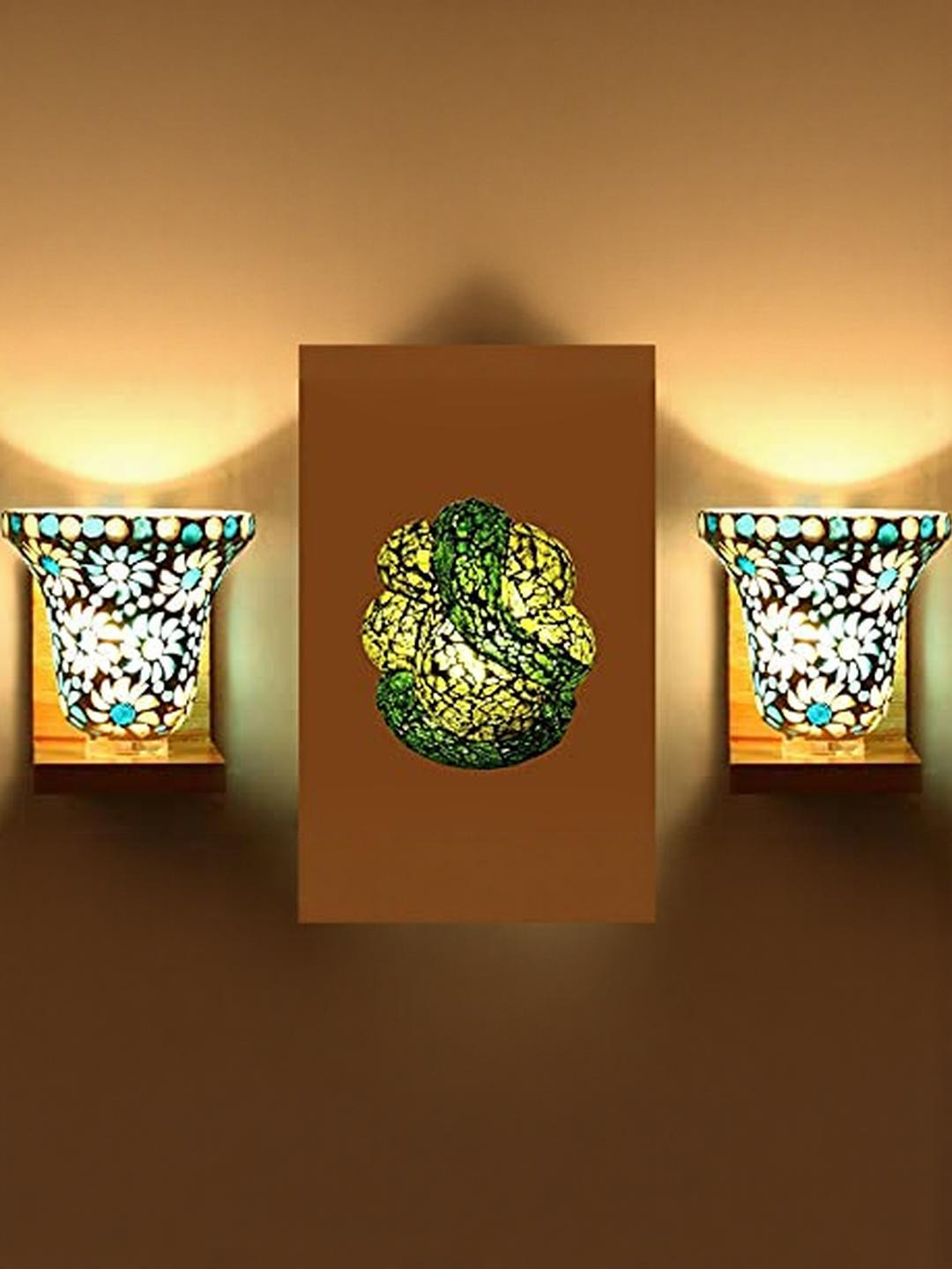 Somil Indore Mosaic Decorative Lamp Combo of Matching Wall Lamp & Blessing God Ganesh Wall Lamp, Multi Compatible with LED, Size: 14.5 X 14.5 X 15 Cm, Pack of 3.