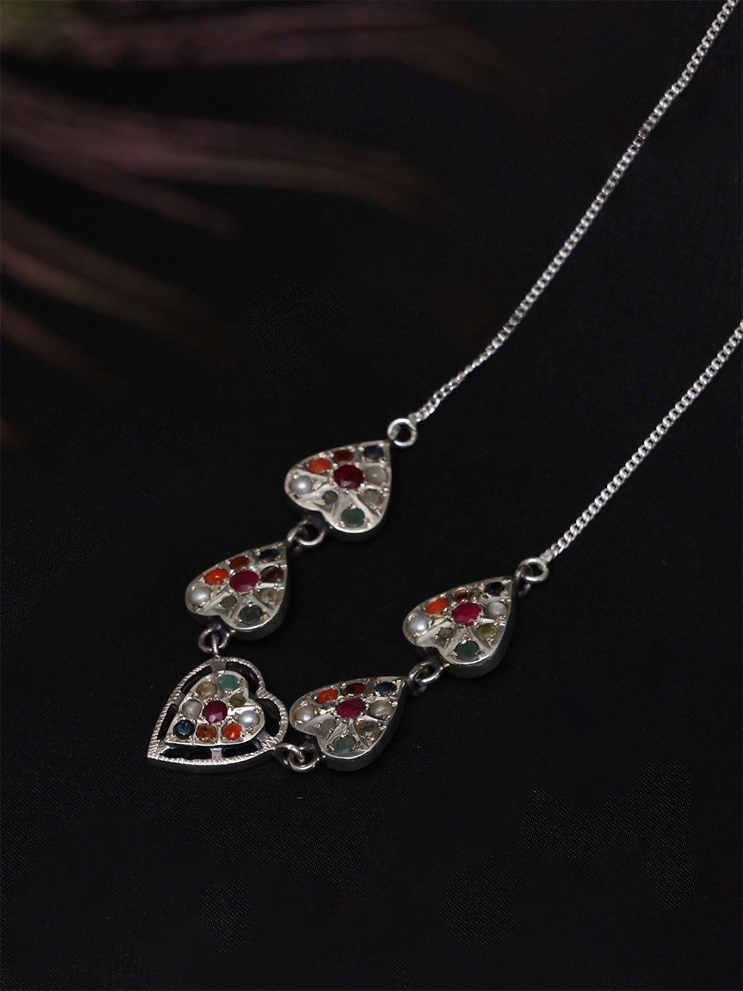 Exotic India Sterling Silver Real Stones Studded & Beaded Heart Shape Navaratna Necklace