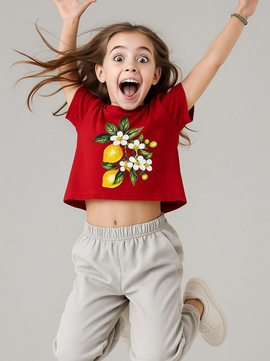 Baawri Girls Lemon Print Slim Fit Crop T-Shirt