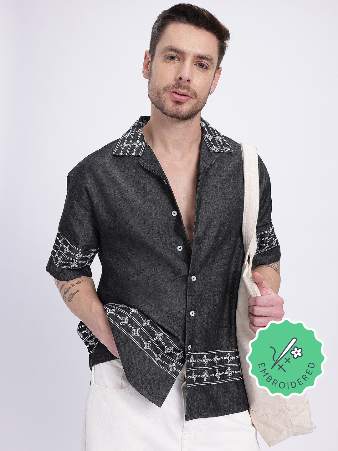 glitchez Embroidered Chambray Relaxed Shirt