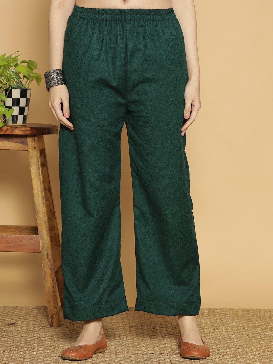 LetsDressUp Women Bottle Green Acrylic Slip-On Wide Leg Palazzos
