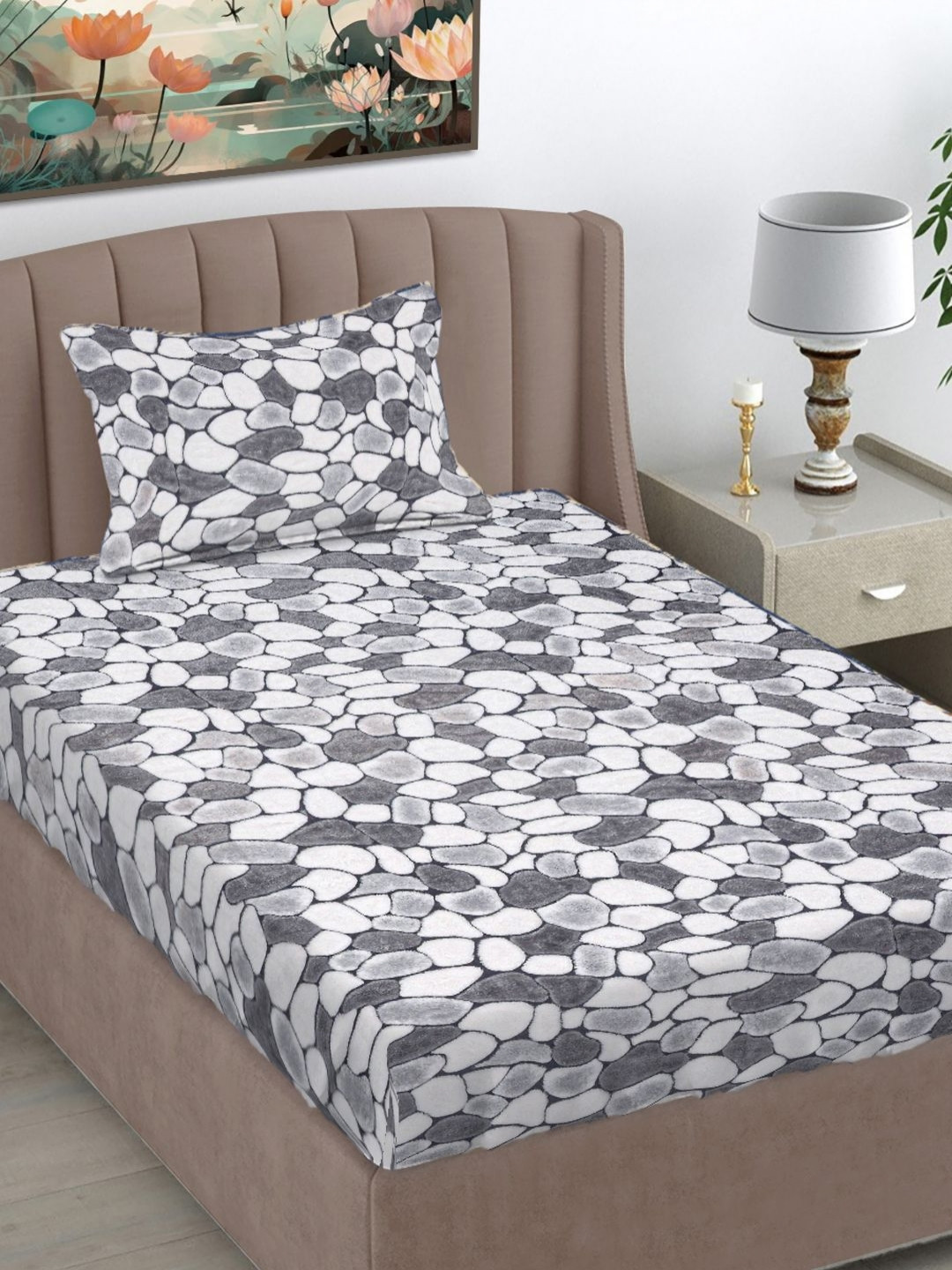 FABINALIV Grey Single Bedsheet with 1 Pillow Covers