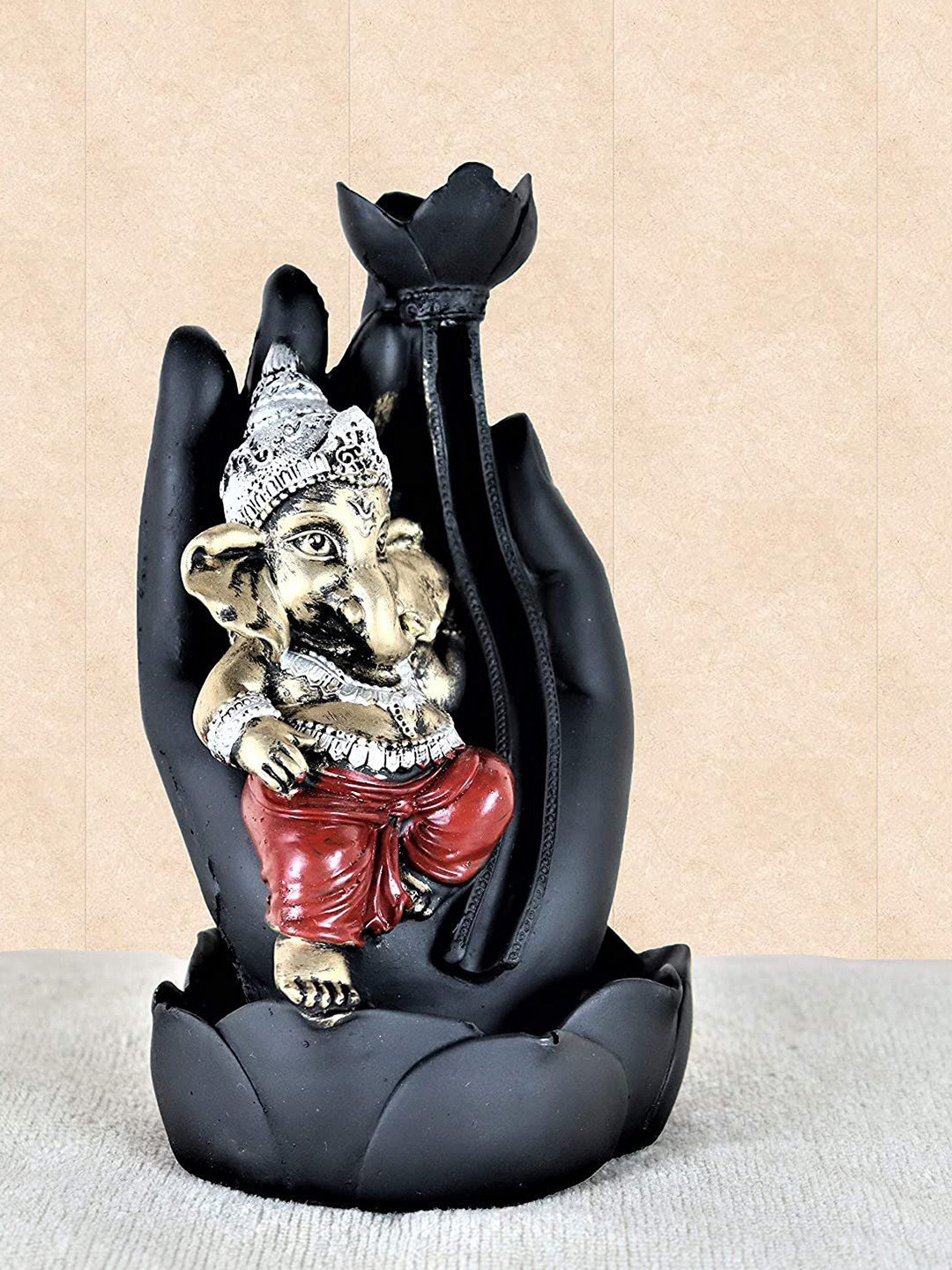 CRAFTAM Black & Red Ganesha Sitting on Palm Smoke Backflow Fountain With 1 Scented Cone