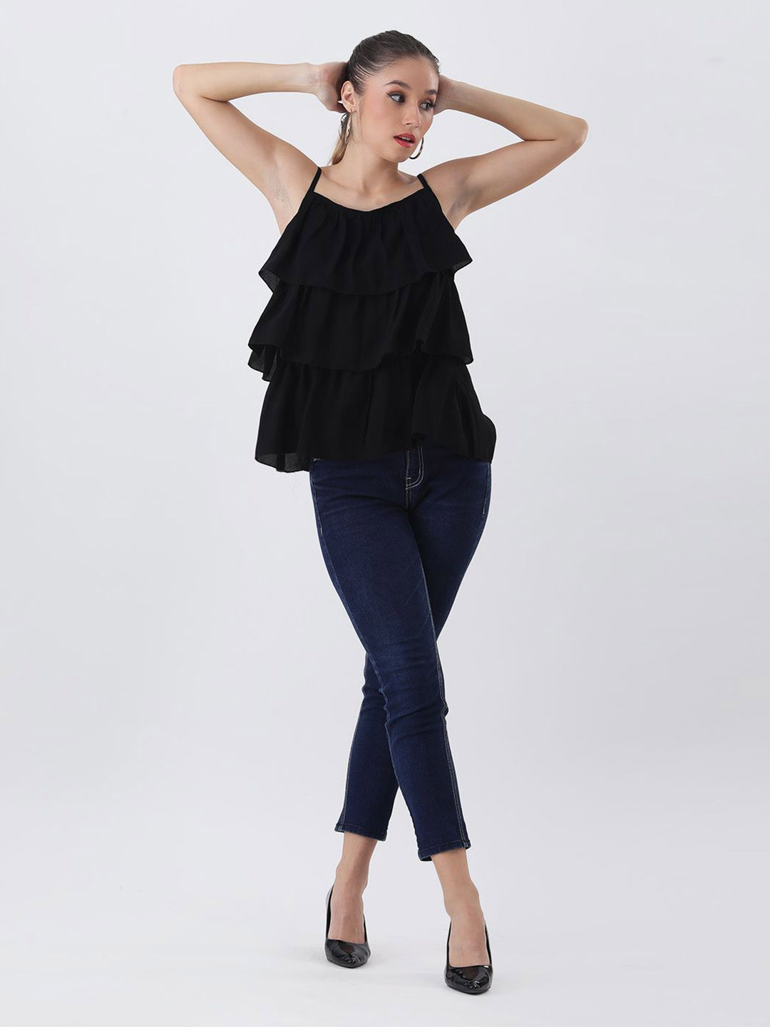 Qurvii Women Shoulder Straps Tiered Ruffles Detail A-Line Top