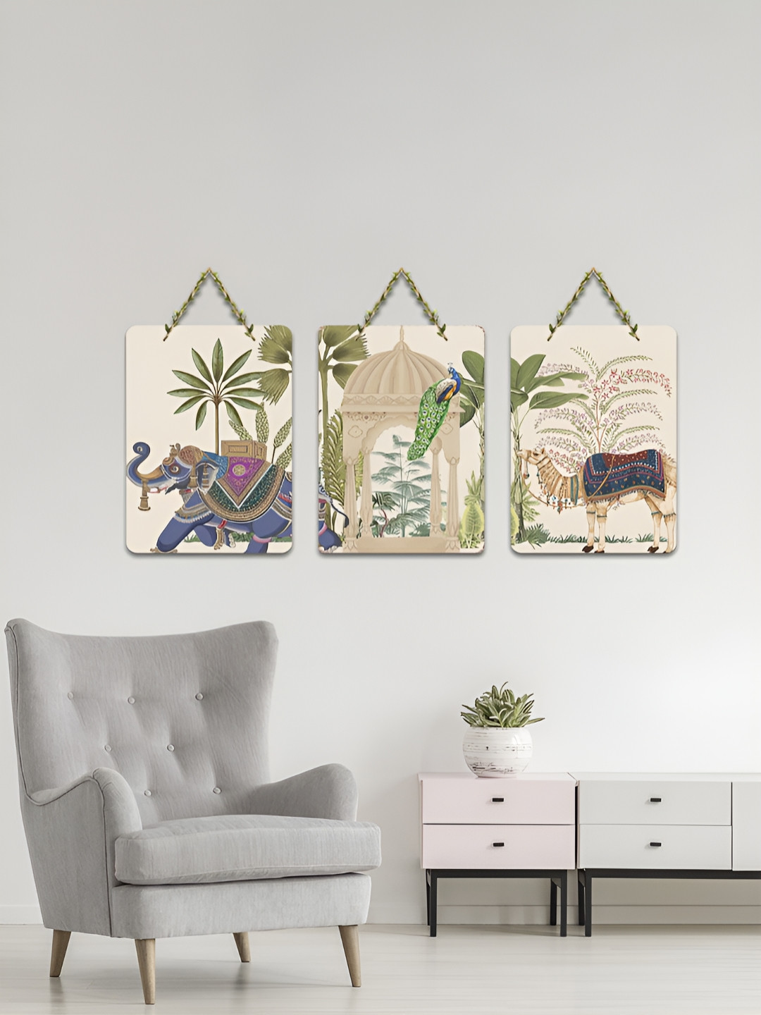 ArtVibes Beige & Green 3 Pieces Desert Royals Printed Wooden Wall Hanging Decors